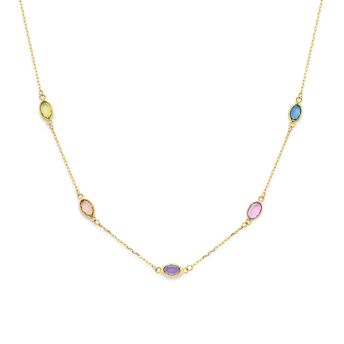 Collana in oro giallo 9k con pietre sintetiche ovali colorate.