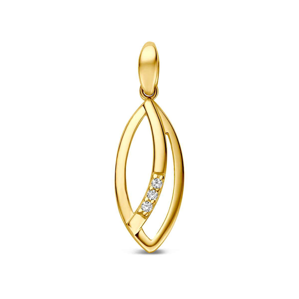 Ciondolo in oro giallo 9K con zircone, forma ovale con dettagli intrecciati.