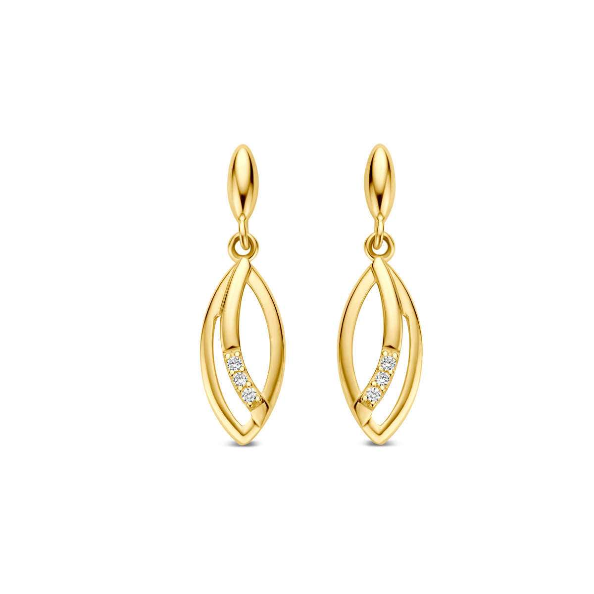 Orecchini in oro giallo 9K con zircone, forma ovale e pendente di 18 mm.