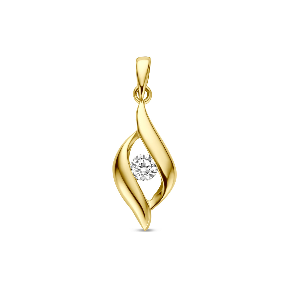 Ciondolo in oro giallo 9K con zircone, forma ondulata di 12 mm.