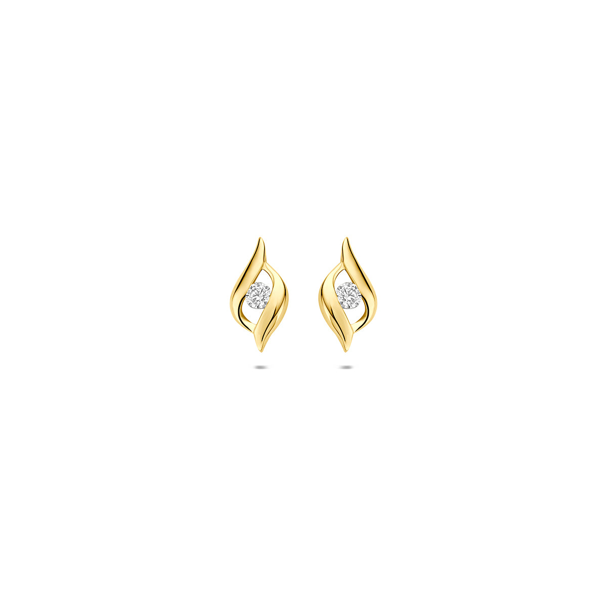 Orecchini in oro giallo 9k con zircone, forma ondulata, dimensione 9 mm.