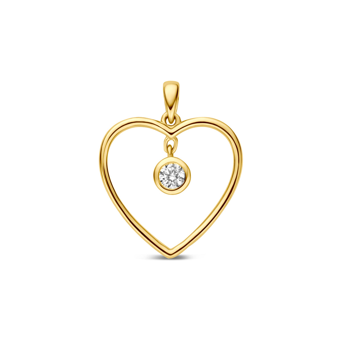 Ciondolo a forma di cuore in oro giallo 9K con zircone centrale di 13 mm.