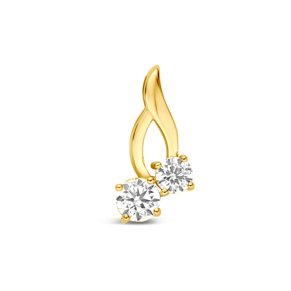 Ciondolo in oro giallo 9K con due zirconi brillanti, forma fluida e moderna.