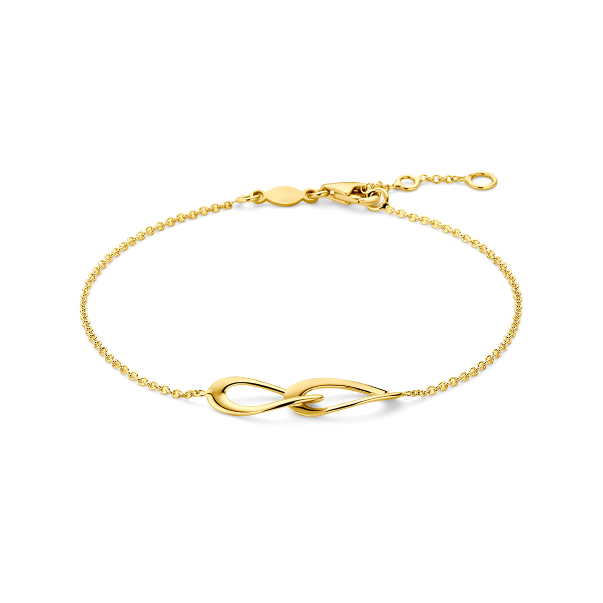 Bracciale in oro giallo 9K con motivo infinito, lunghezza regolabile da 16,5 a 18,5 cm.