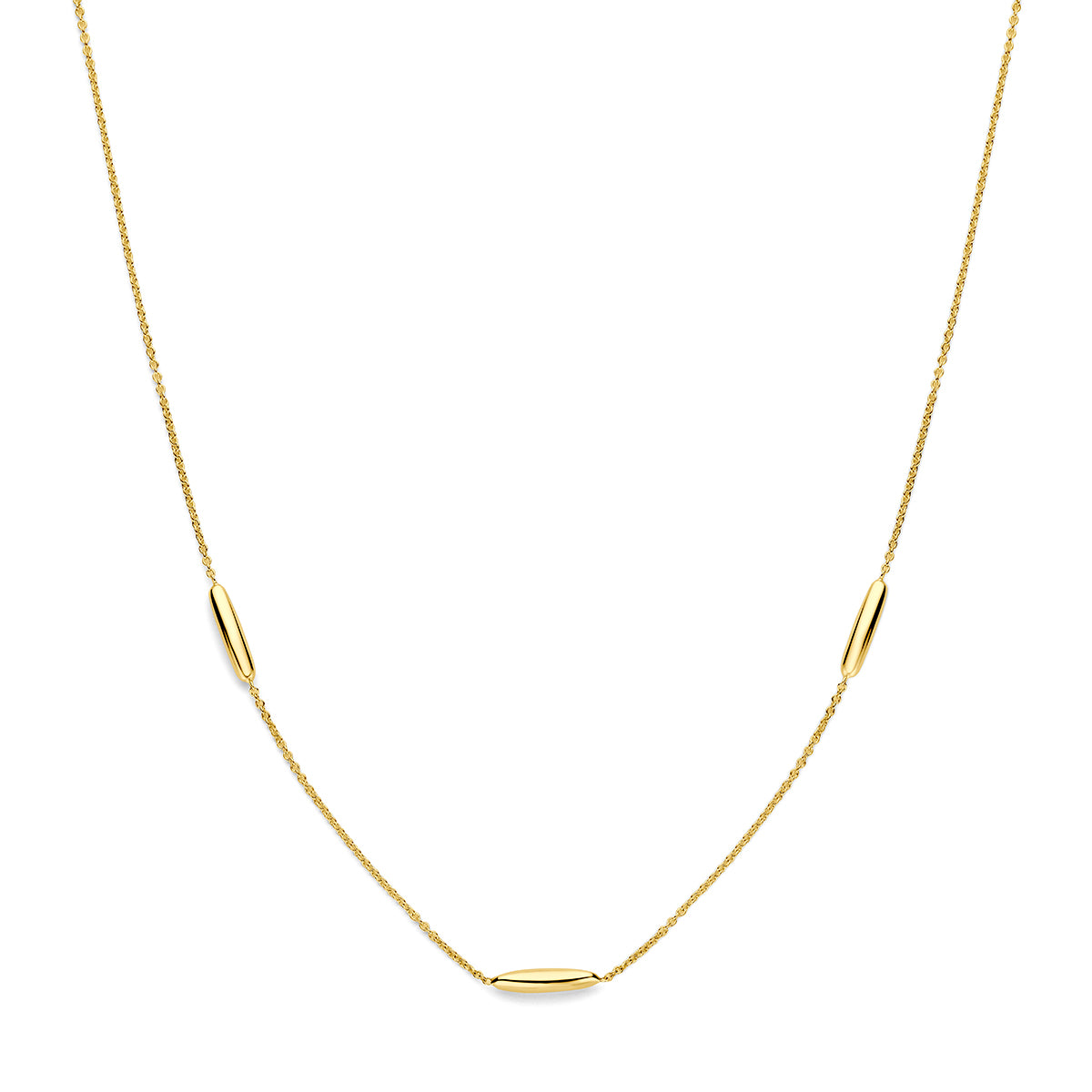 Collana in oro giallo 9K con elementi allungati, lunghezze 41-43-45 cm.