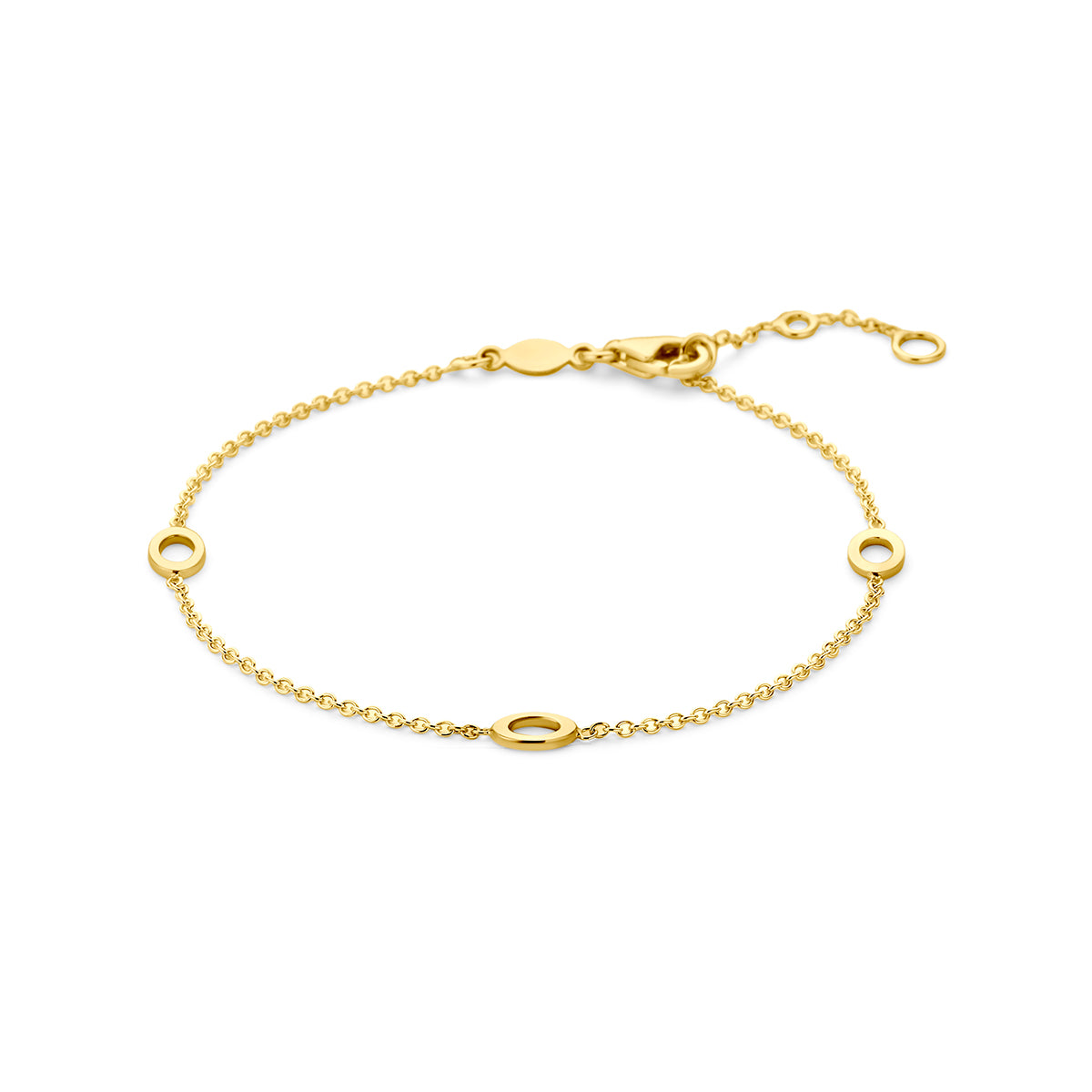 Bracciale in oro giallo 9K con maglie ovali e cerchi, lunghezza regolabile.