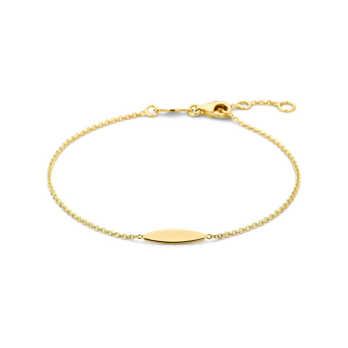 Bracciale in oro giallo 9K con maglia fine e elemento ovale centrale.