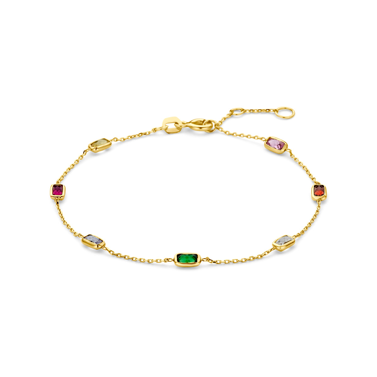 Bracciale in oro giallo 9K con zircone colorati, lunghezza regolabile da 16,5 a 18,5 cm.