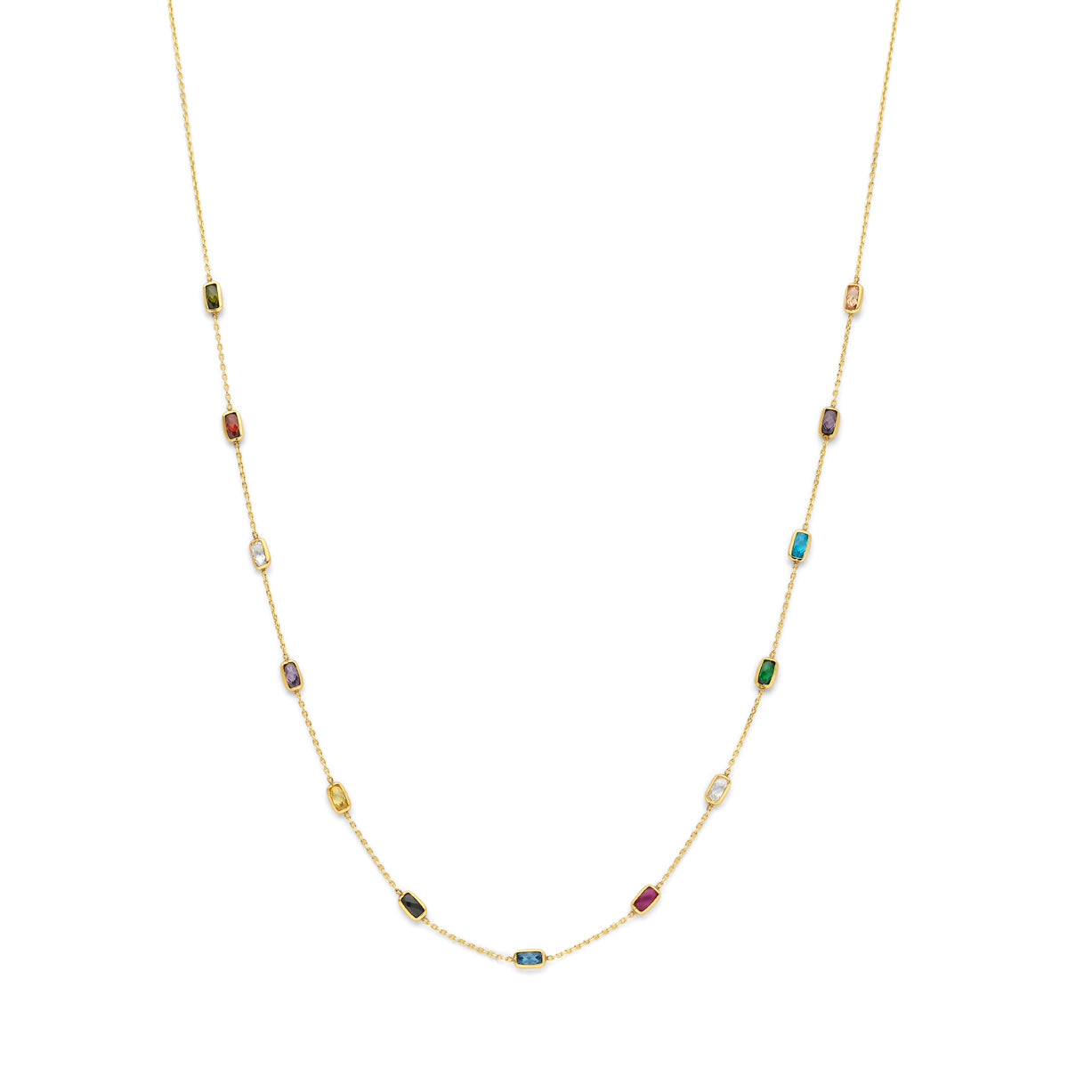 Collana in oro giallo 9K con zircone colorati, lunghezza 41-43-45 cm.