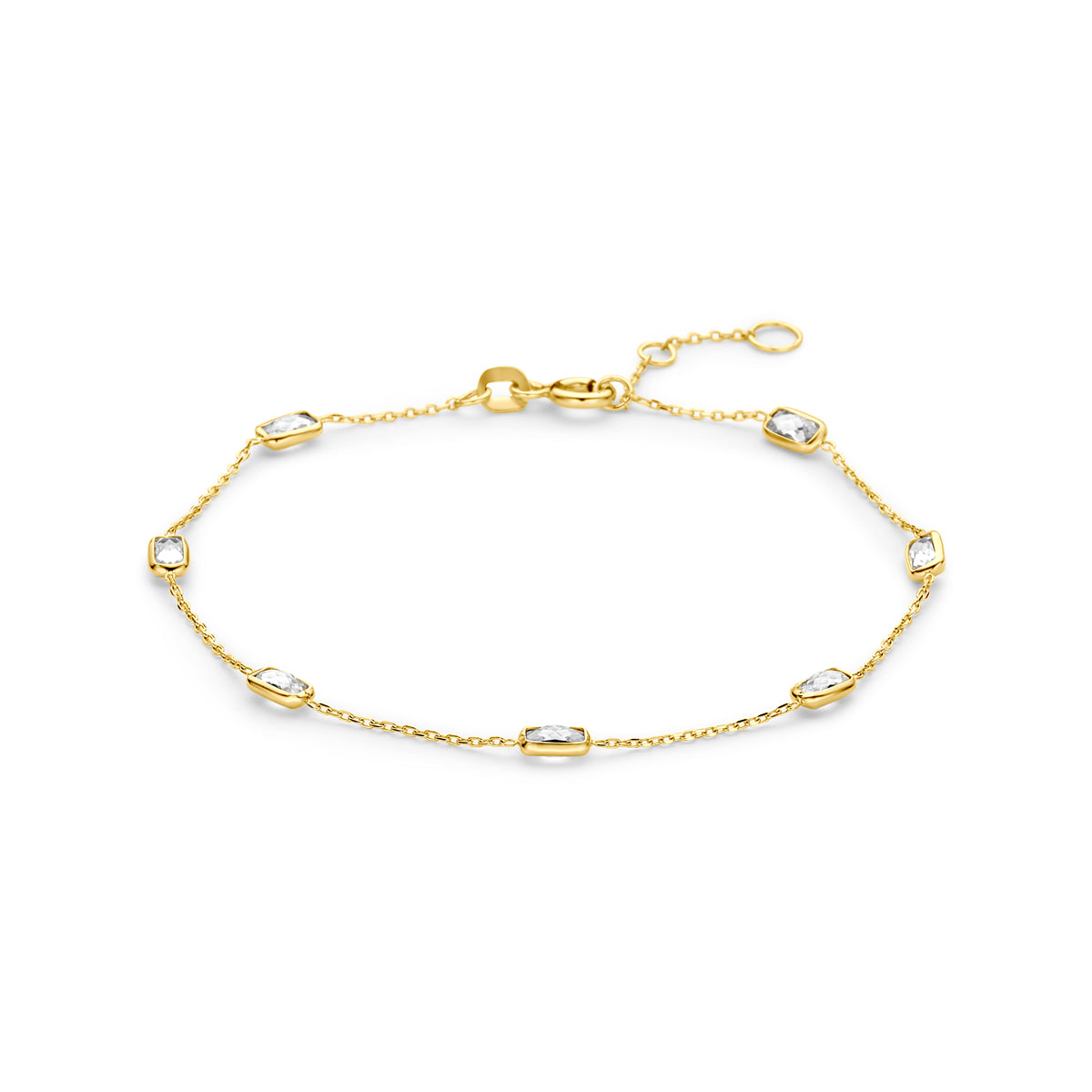 Bracciale in oro giallo 9K con zirconi, lunghezza regolabile da 16,5 a 18,5 cm.
