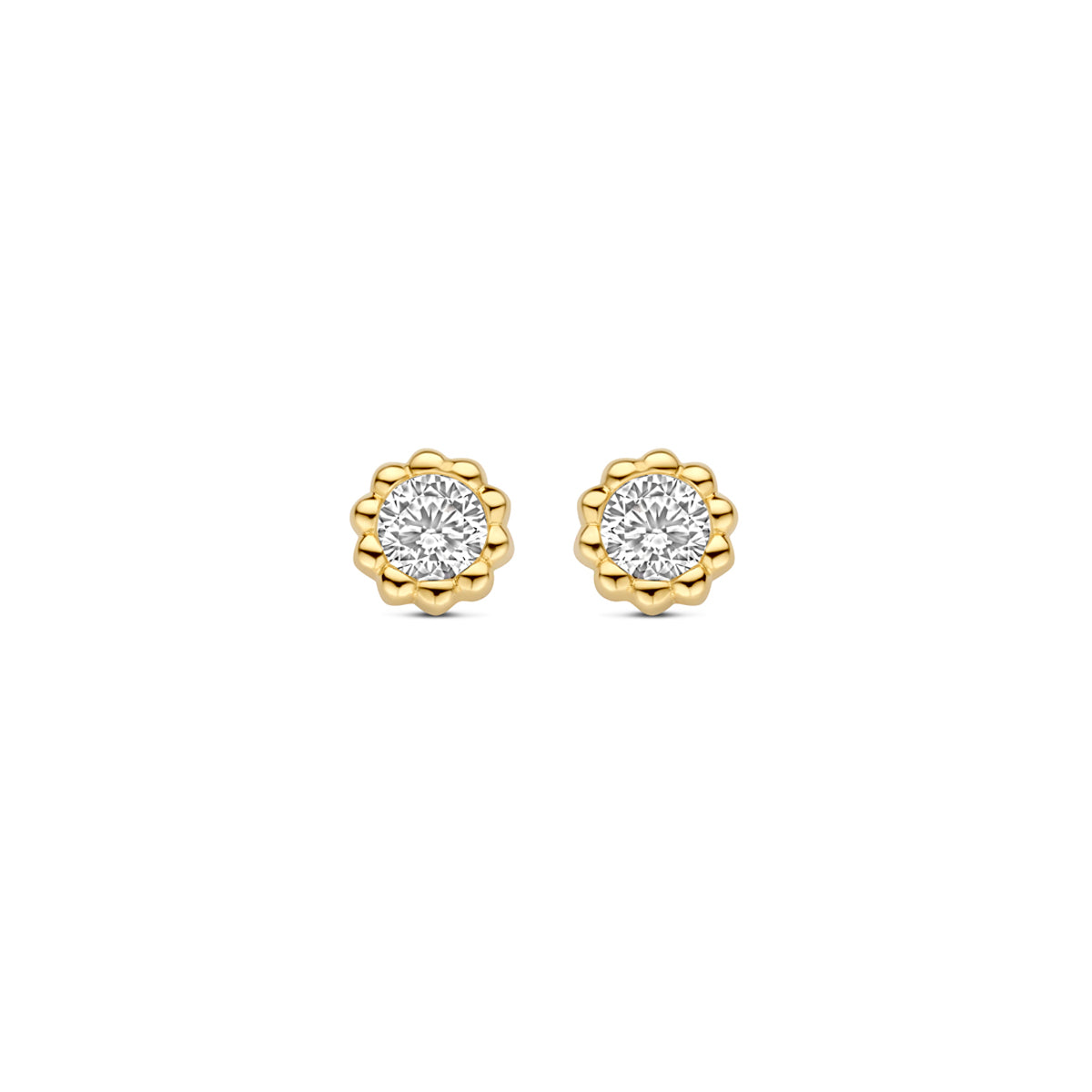 Orecchini in oro giallo 9k con zirconi, forma rotonda e dettagli a petalo, diametro 5,5 mm.