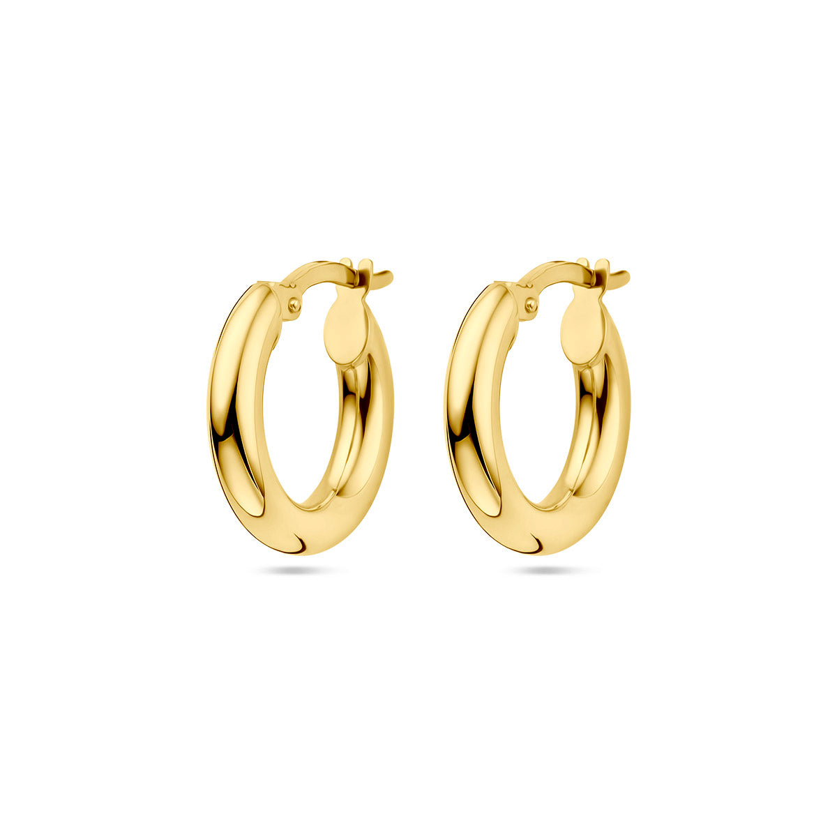 Orecchini alla creola in oro giallo 9k, diametro di 16 mm, con finitura lucida.