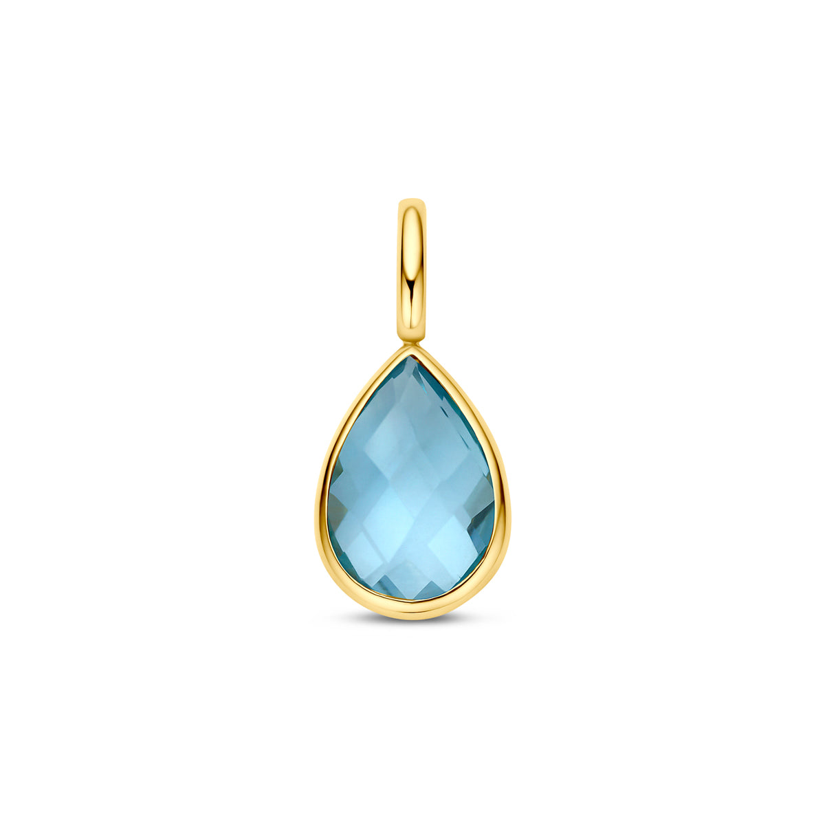 Ciondolo in oro giallo 9K con topazio blu a forma di goccia, misura 10,5 mm.