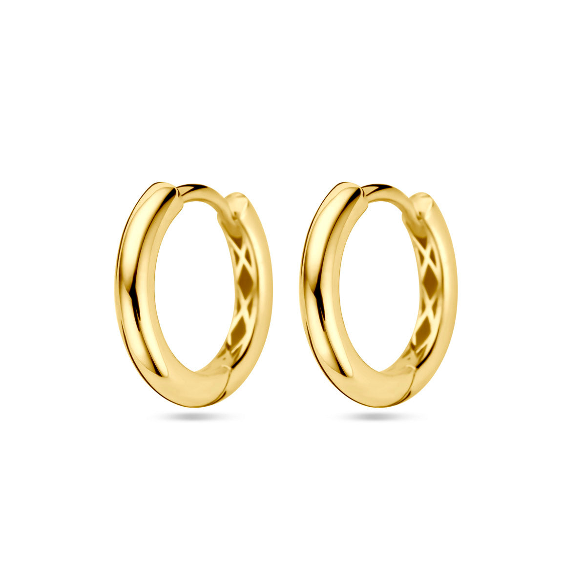 Orecchini alla creola in oro giallo 9K, diametro 13 mm, con finitura lucida.