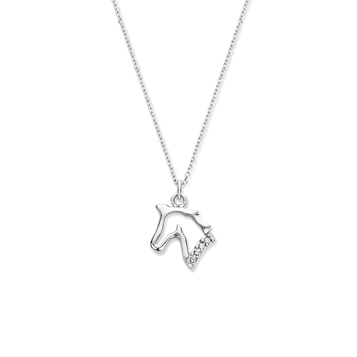 Collana con ciondolo a forma di cavallo in argento rodiato, lunghezza 36 + 3 cm.