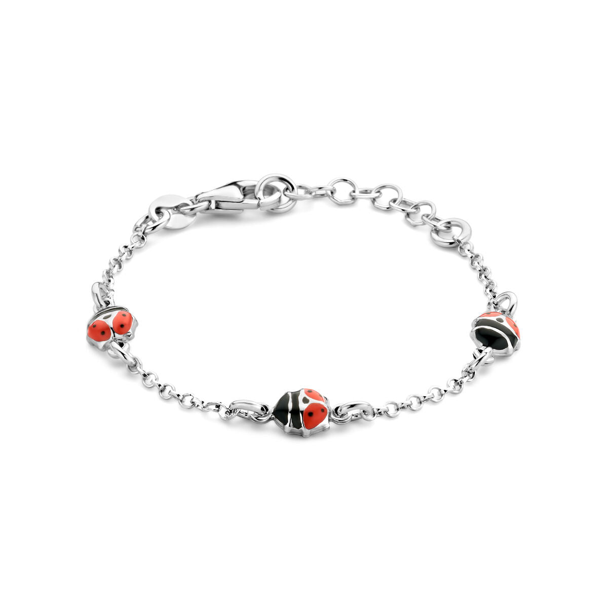 Bracciale in argento rodiato con charm a forma di coccinella, lunghezza 11 + 2 cm.