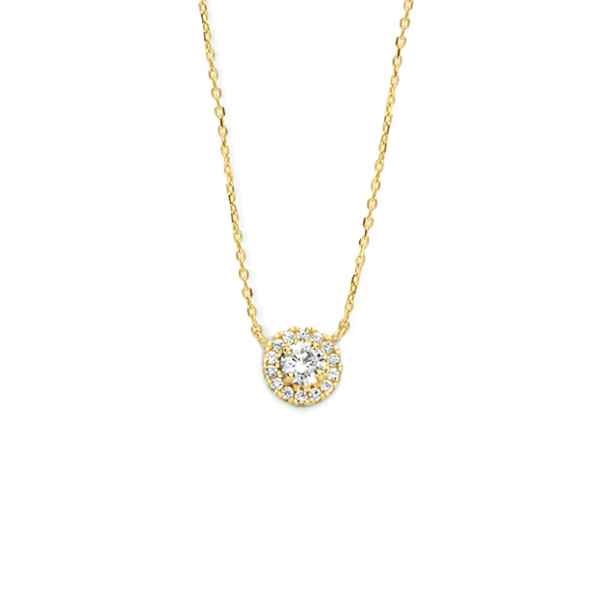 Collana in oro giallo 14K con zirconi, pendente rotondo circondato da pietre.