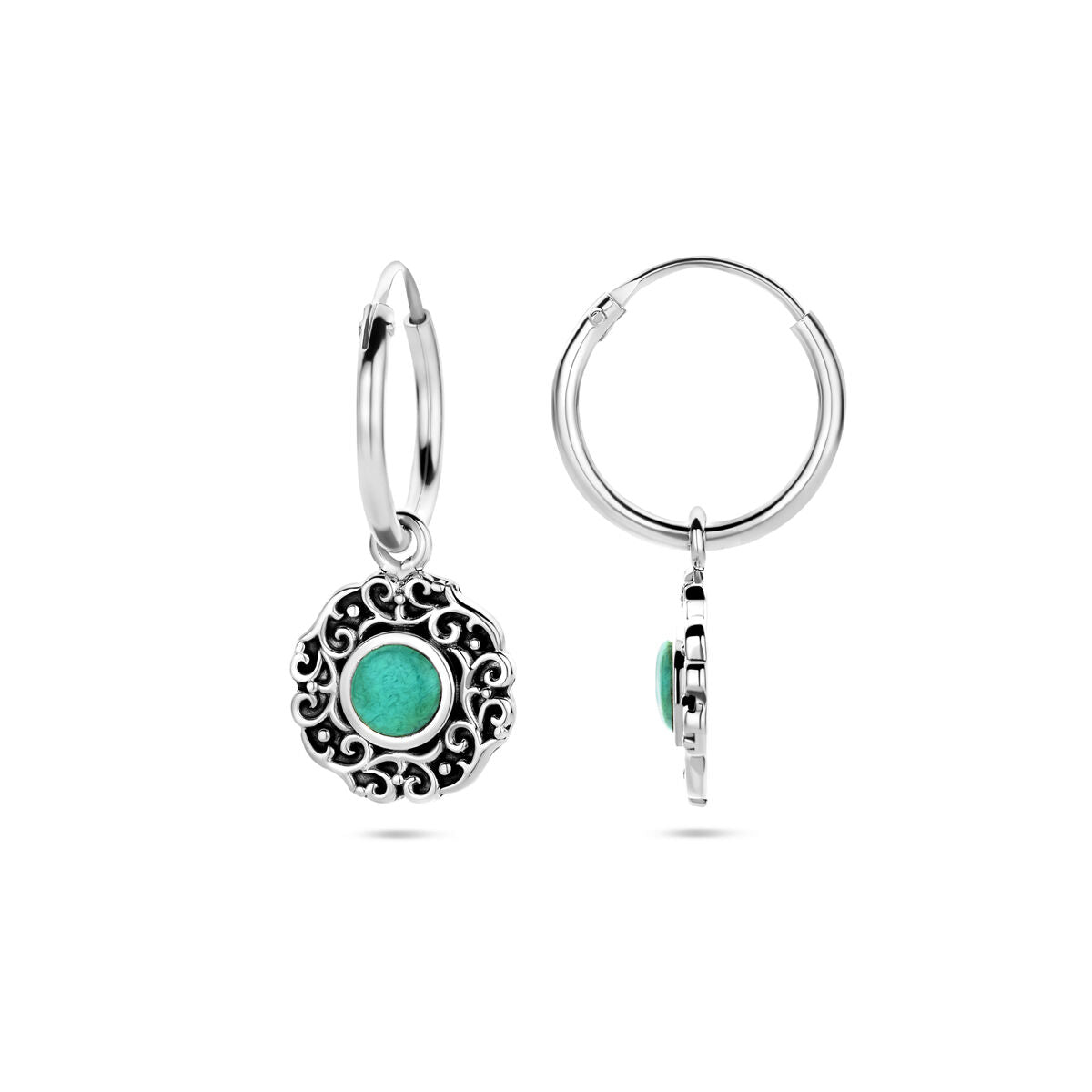 orecchini a cerchio con pietra sintetica verde in argento ossidato