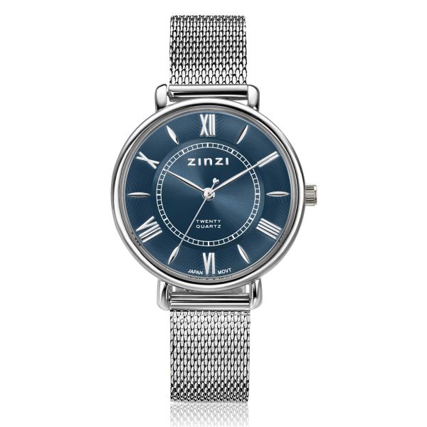 Orologio argentato con quadrante blu e cinturino in maglia rolò.