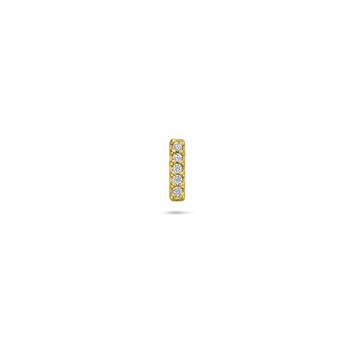 Verguld 925 zilveren flat back piercing met een rechthoekige rij van vijf heldere zirkonia.