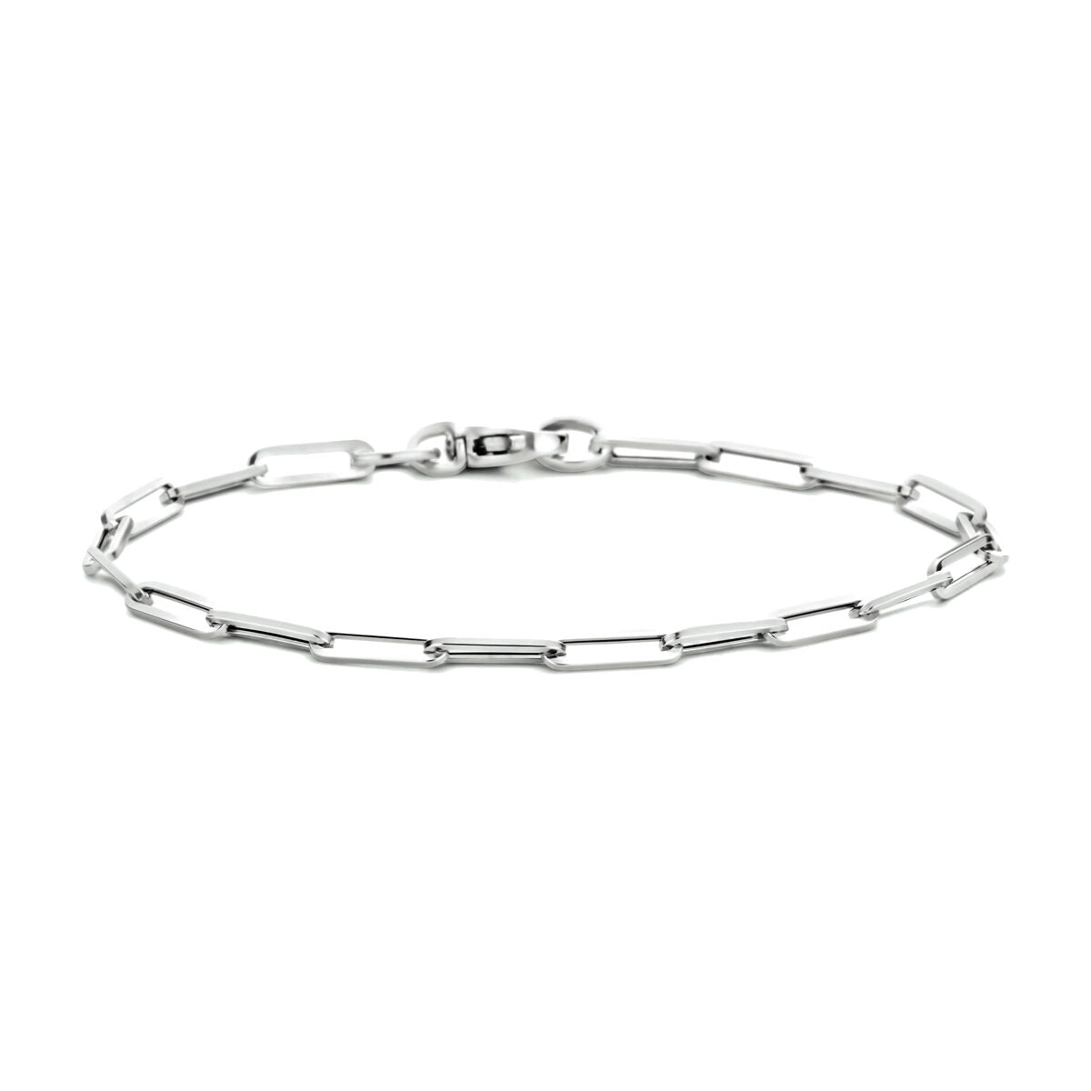 Bracciale da donna in oro bianco 14K con maglie a forma di clip quadrata.