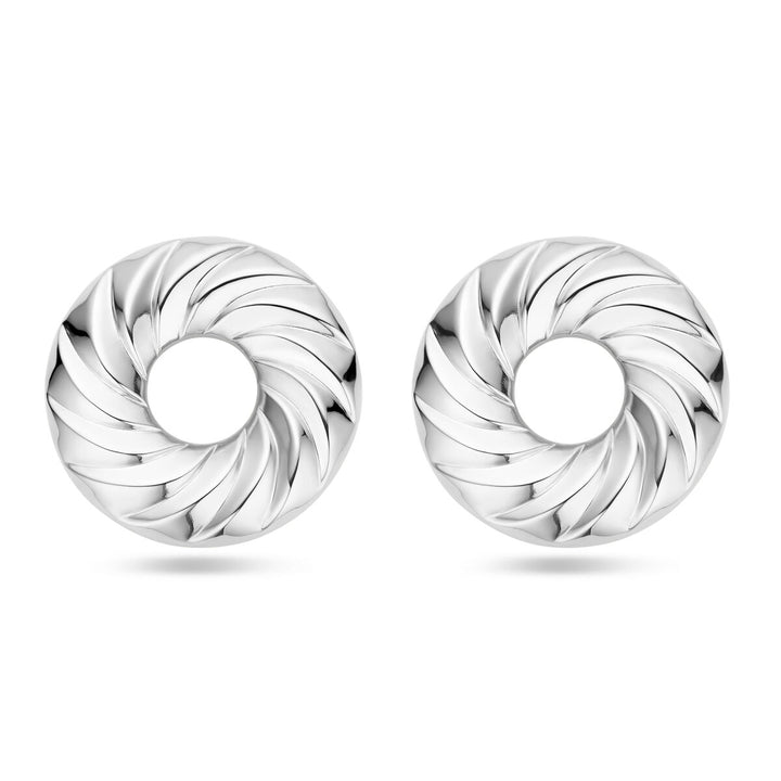 Van der Kooij Collectie oorknoppen rondje gedraaid 32 mm zilver gerhodineerd: stijlvolle, ronde zilveren oorbellen met een spiraalpatroon en open centrum voor dames, getoond op een witte achtergrond.