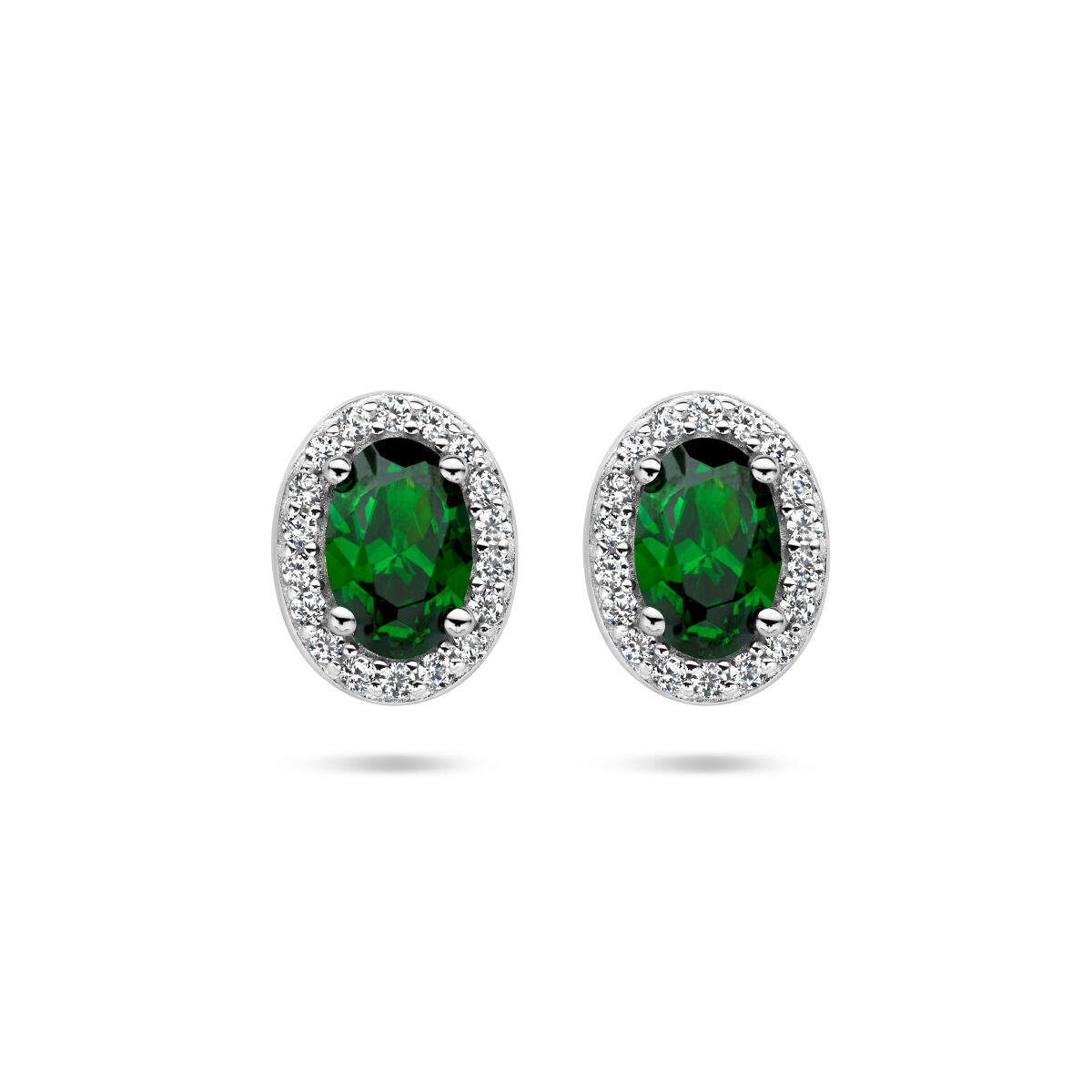 Orecchini con zirconi verdi e bianchi, montatura in argento rodiato, forma ovale.