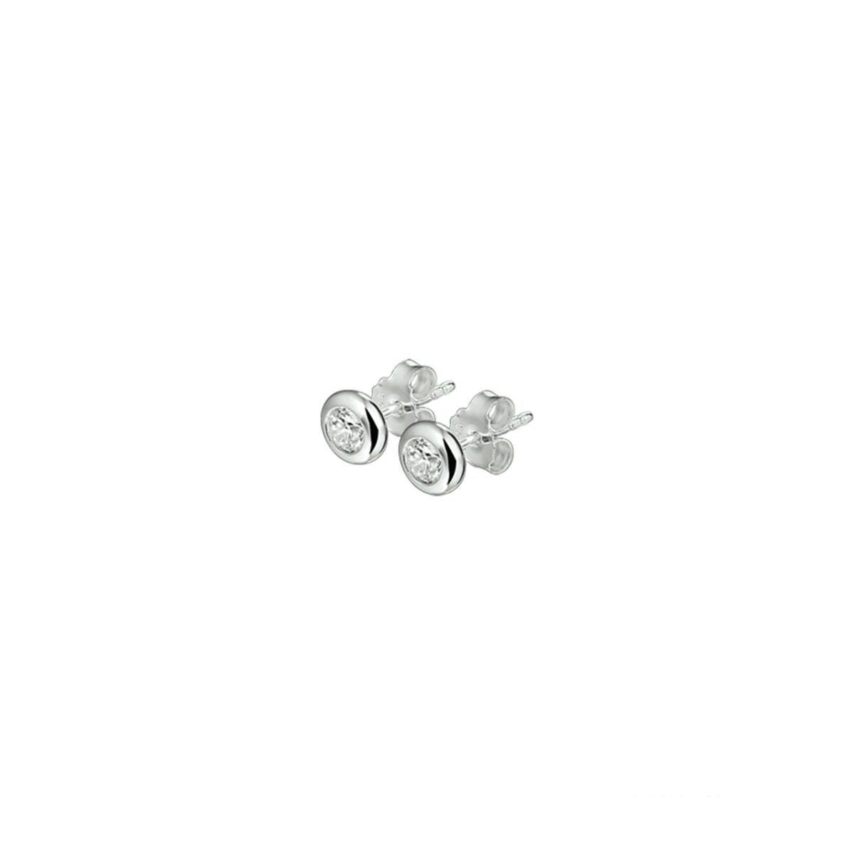 Orecchini in argento rodiato con zirconi, design rotondo e finitura lucida.