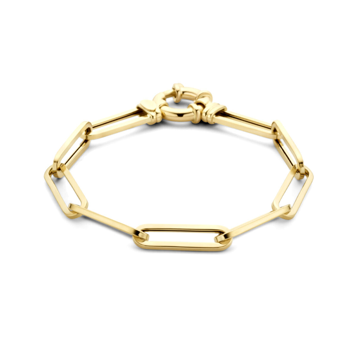 Bracciale in oro giallo 14K con maglie a forma di clip e chiusura a molla grande, lunghezza 19 cm.