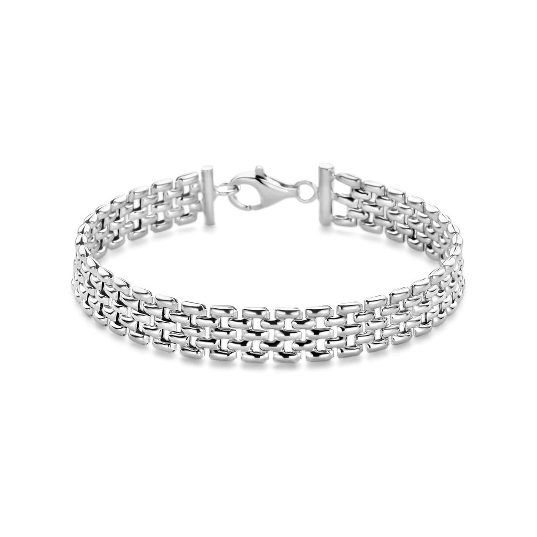 De Van der Kooij Collectie armband panter 8 mm 17 cm zilver gerhodineerd heeft een plat panter-link design en karabijnsluiting, afgebeeld op een witte achtergrond.