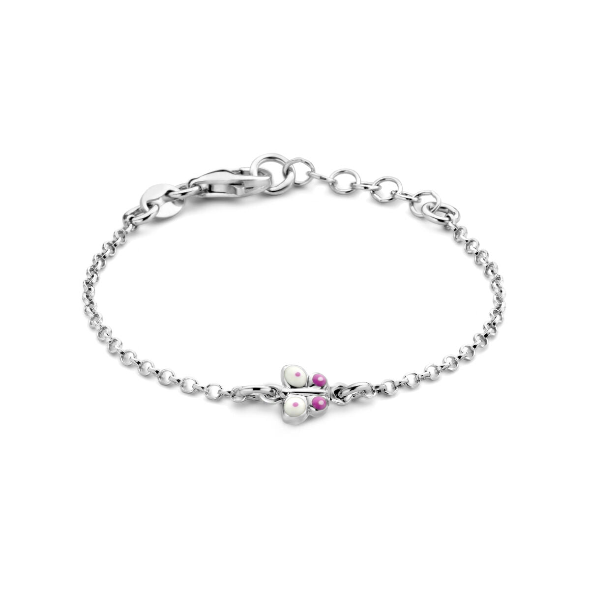 Bracciale in argento rodiato con farfalla decorata da perle e dettagli rosa.