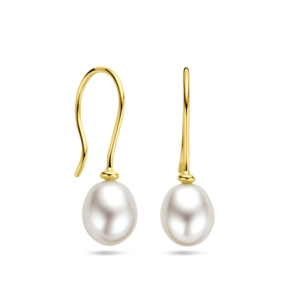 Orecchini in oro giallo 14K con perle bianche a goccia e gancio francese.