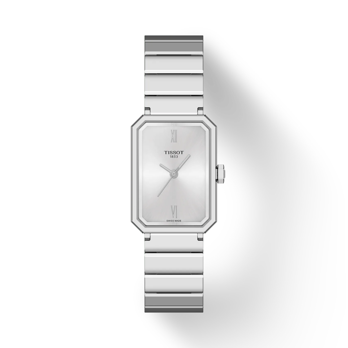 Orologio da donna Tissot SRV in acciaio inossidabile, quadrante rettangolare argentato e cinturino a maglia rolò.