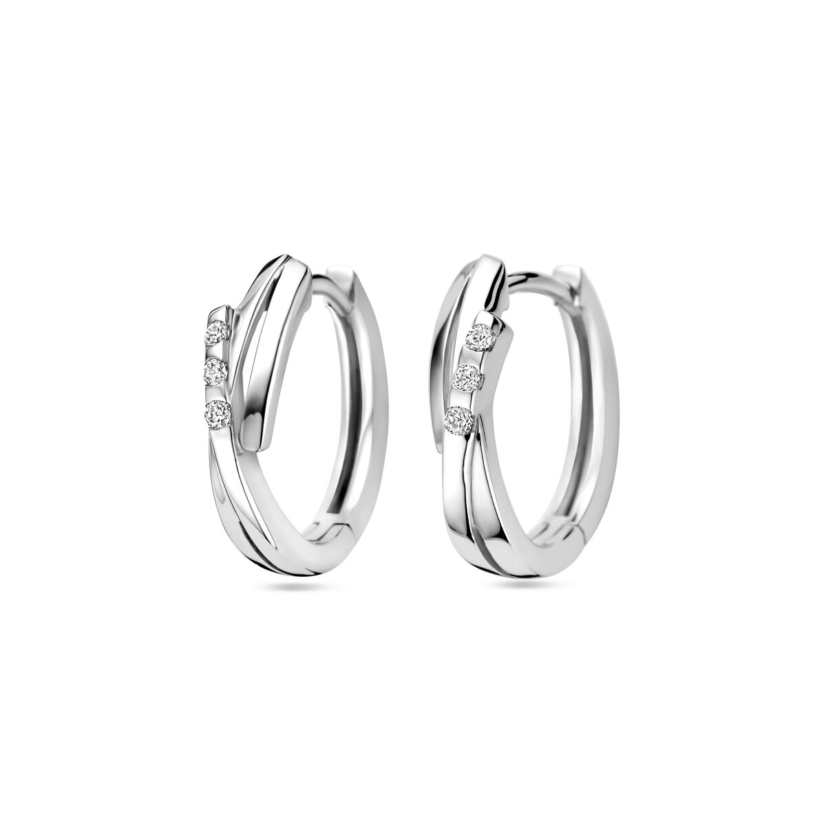 Orecchini alla creola in argento rodiato con zircone, design elegante e moderno.