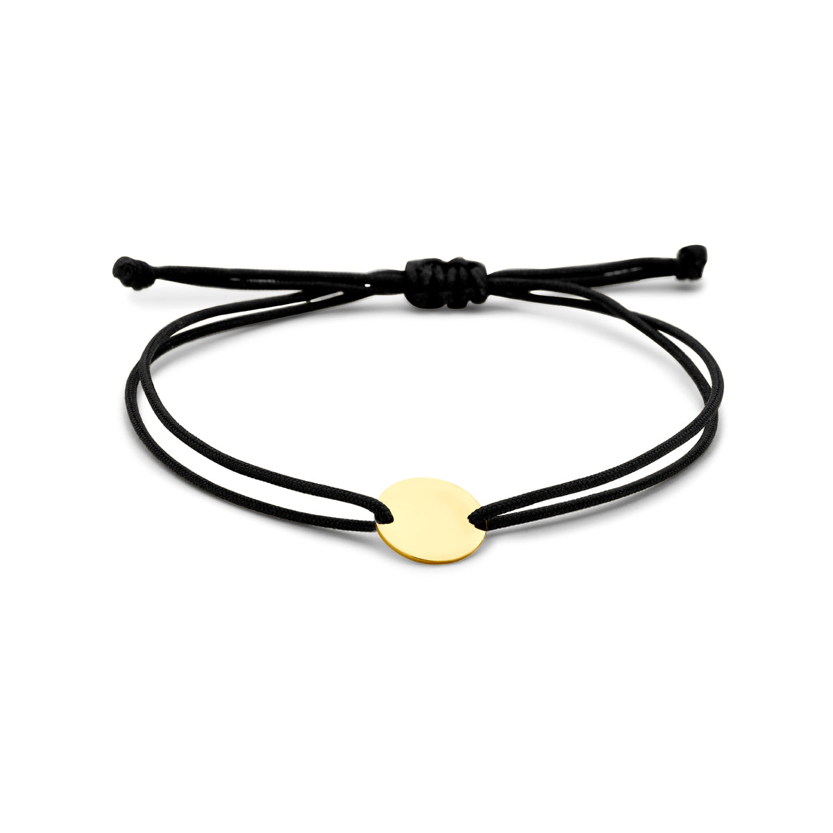 Bracciale in nylon nero con disco rotondo in oro 9k, regolabile fino a 20 cm.