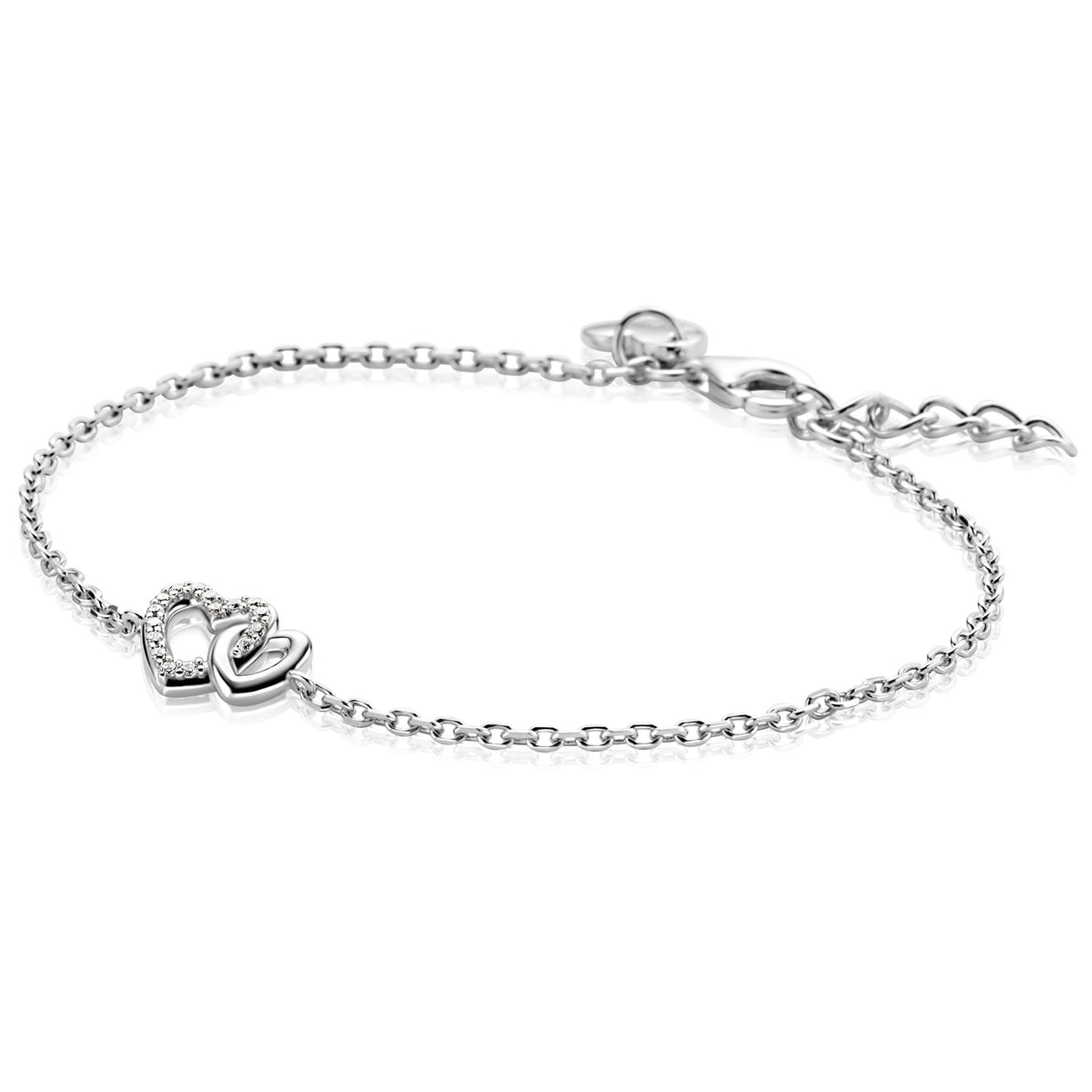 Bracciale in argento con pendente a forma di cuore, dettagli brillanti e chiusura regolabile.