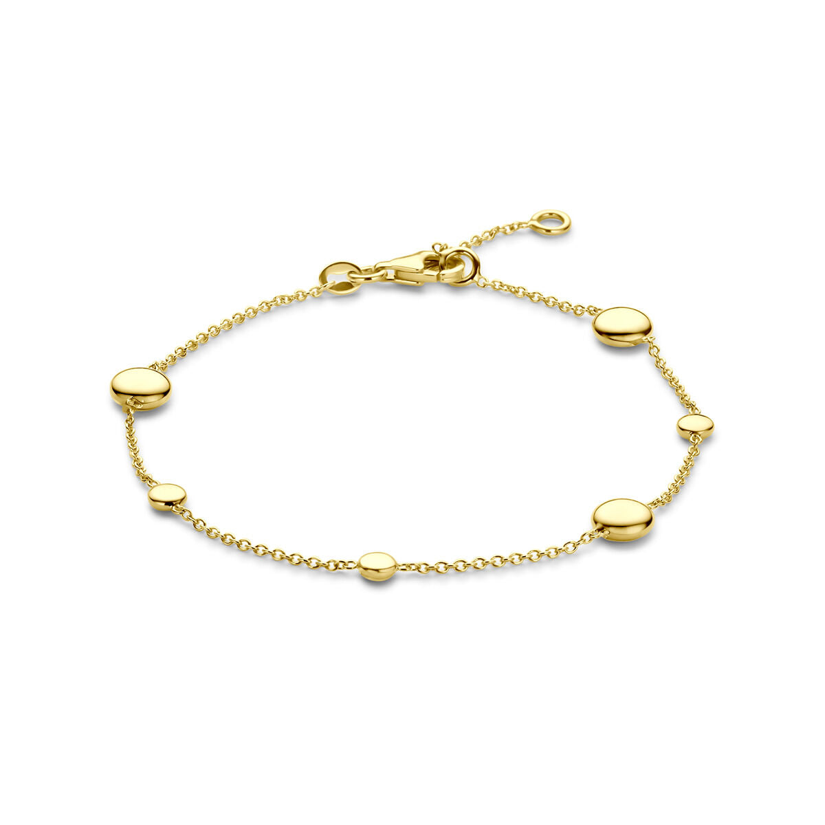 Bracciale in oro giallo 14K con dischi ovali e maglia sottile.