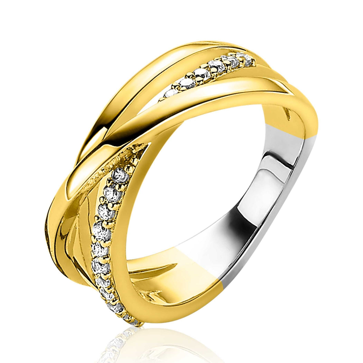 Anello dorato con dettagli in zirconia e finitura lucida.