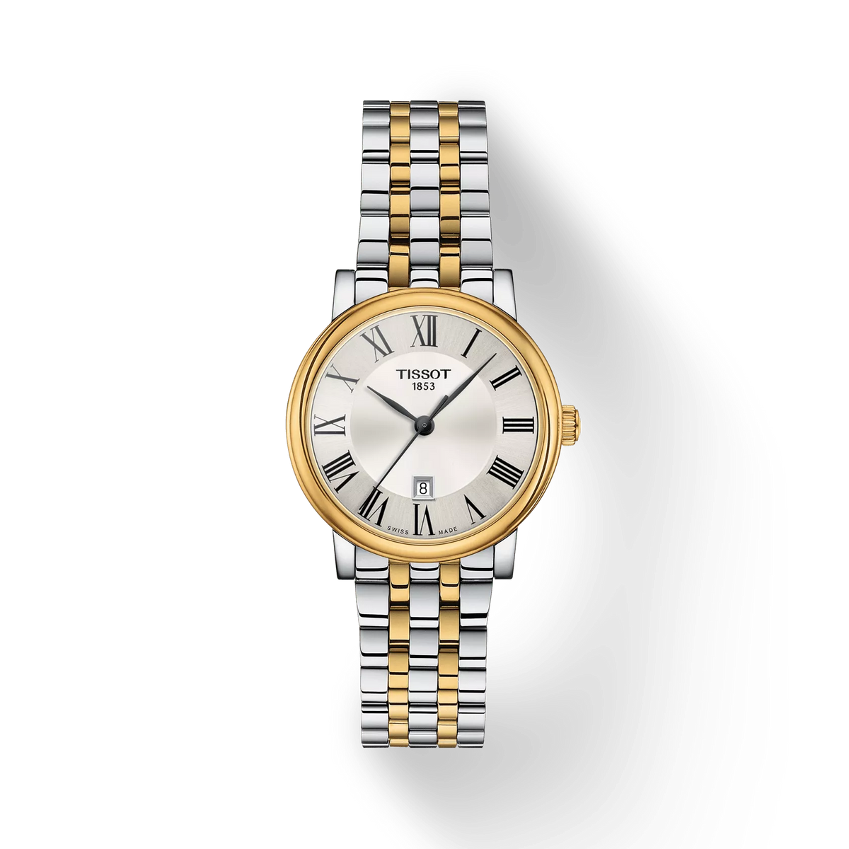 Orologio da donna Tissot Carson con cassa dorata e argentata, quadrante bianco e bracciale a maglia.