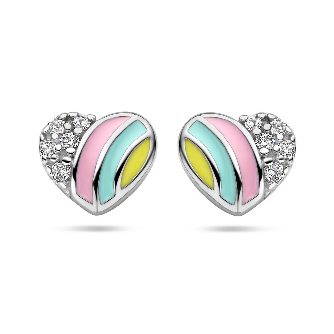 Van der Kooij Collectie oorknoppen hart en zirkonia zilver gerhodineerd: hartvormige studs met pastelroze, geel en lichtblauw emaille en één zijde versierd met fonkelende witte kristallen.
