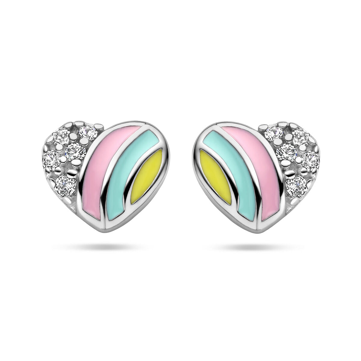 Orecchini a forma di cuore in argento rodiato con zircone e smalto colorato.