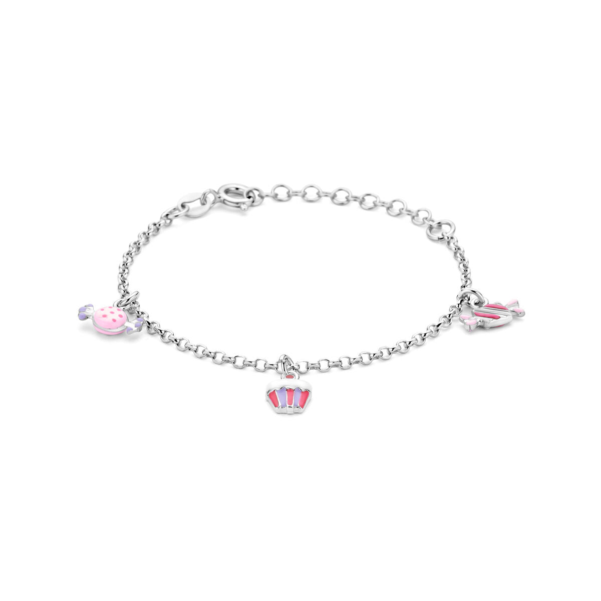 Zilveren kinderarmband van gerhodineerd 925 zilver met kleurrijke bedels in de vorm van een cupcake, een theepot en een schoen.