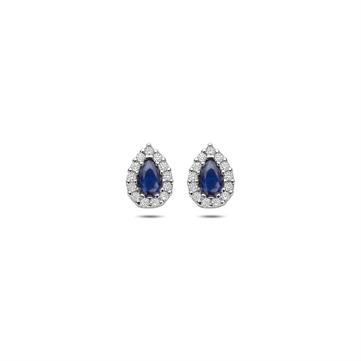 Orecchini in argento rodiato con zaffiro a forma di goccia e zirconi.
