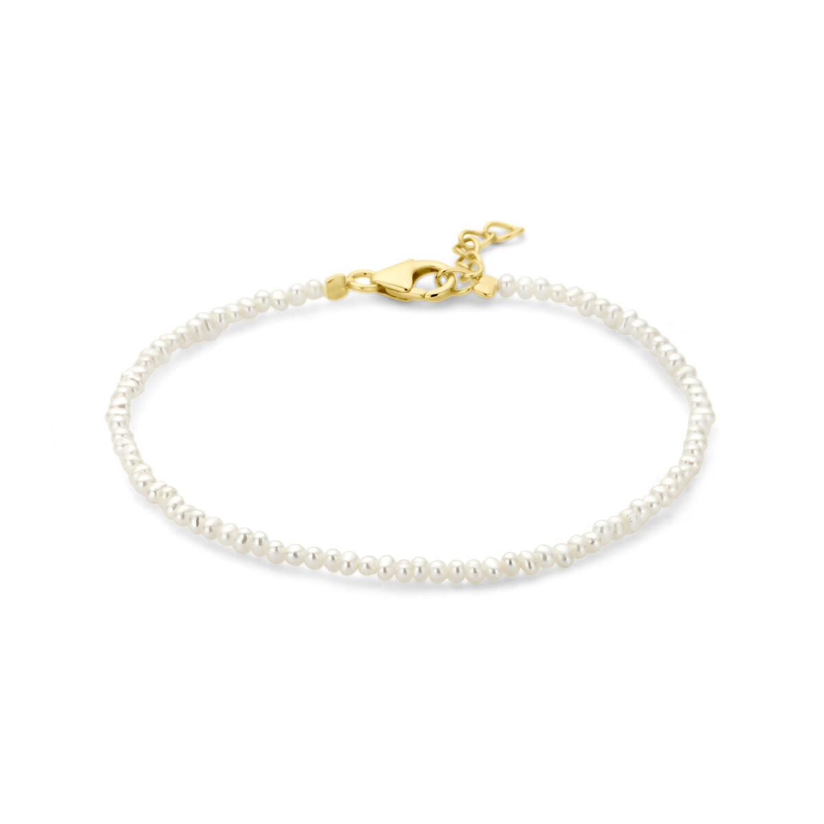 Bracciale con perle, finitura in argento dorato giallo, lunghezza 16,5 + 2 cm.
