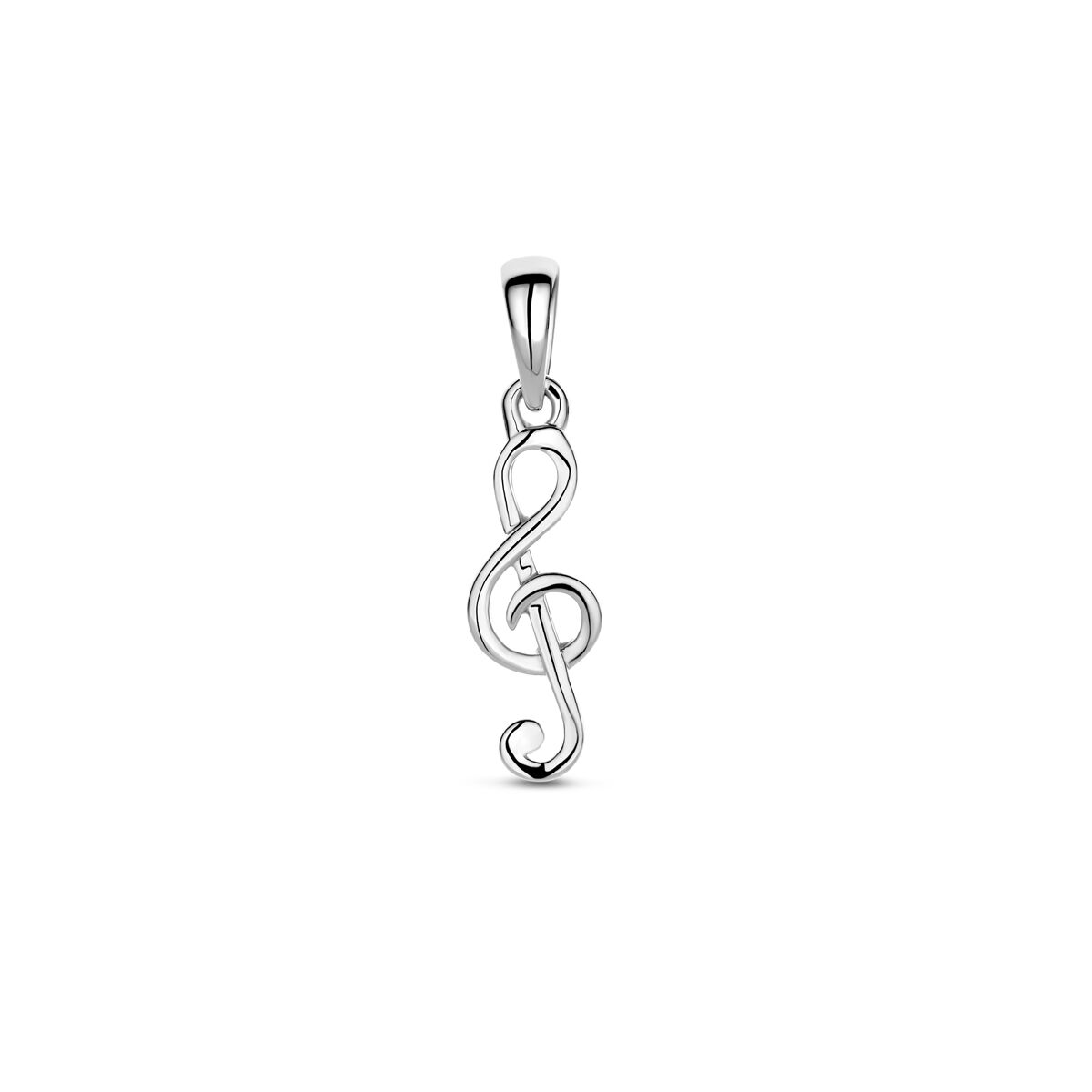 Ciondolo a forma di nota musicale in argento rodiato, dimensione 22 mm.