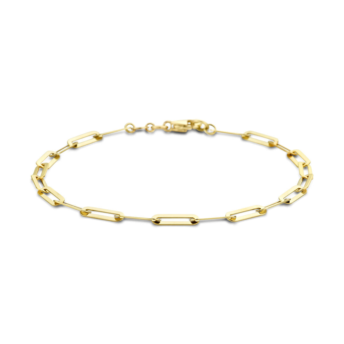 Bracciale da donna in oro giallo 14K con maglie a forma di clip, finitura liscia.