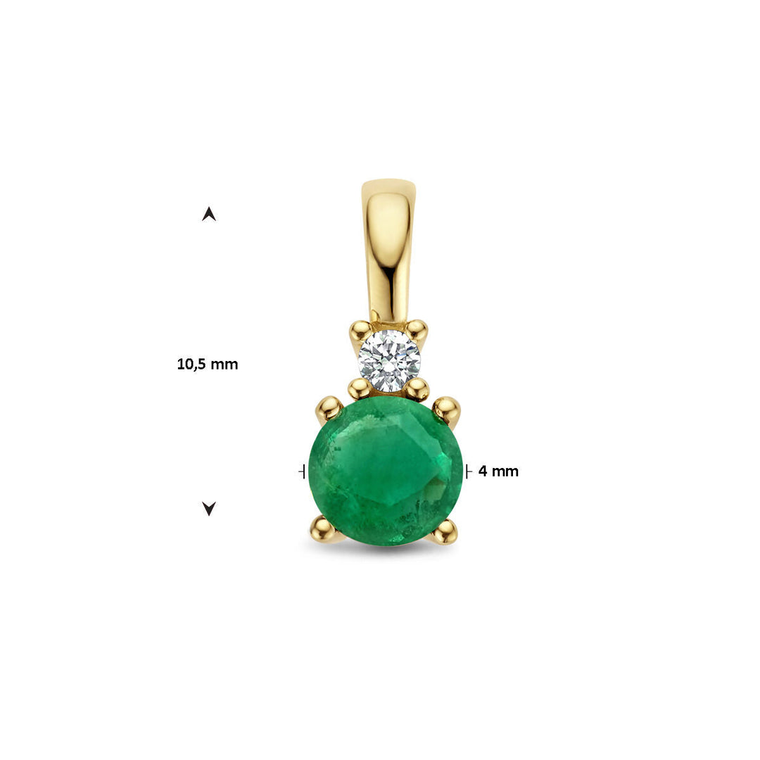 De Van der Kooij Collectie hanger smaragd en diamant 0.02ct h p1 van 14K geelgoud is een dames sieraad met ronde groene smaragd en kleine diamant, afmetingen 10,5 mm x 4 mm.