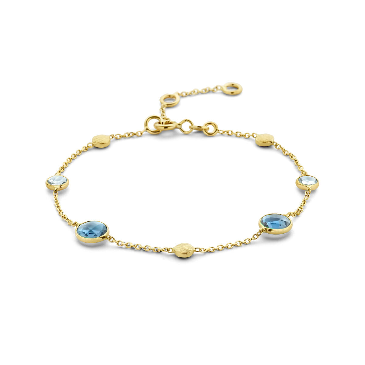 Bracciale in oro 14K con topazi blu e cerchi, dettagli in blu e oro.