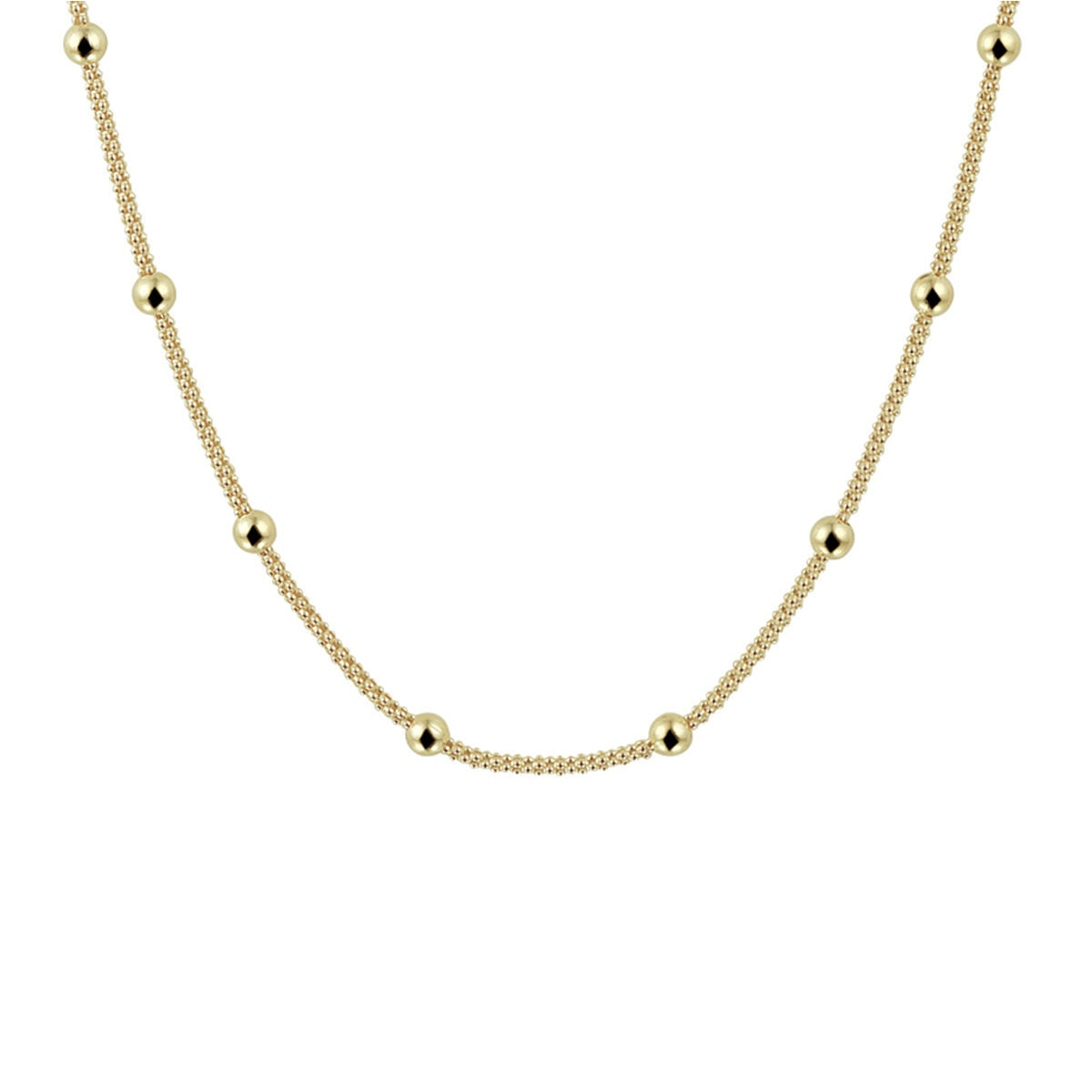 Het collier bolletjes 3,0 mm 40 + 4 cm 3 micron zilver verguld (geel) van Van der Kooij Collectie is een minimalistisch sieraad met gelijkmatig verdeelde gouden kralen, getoond op een witte achtergrond.