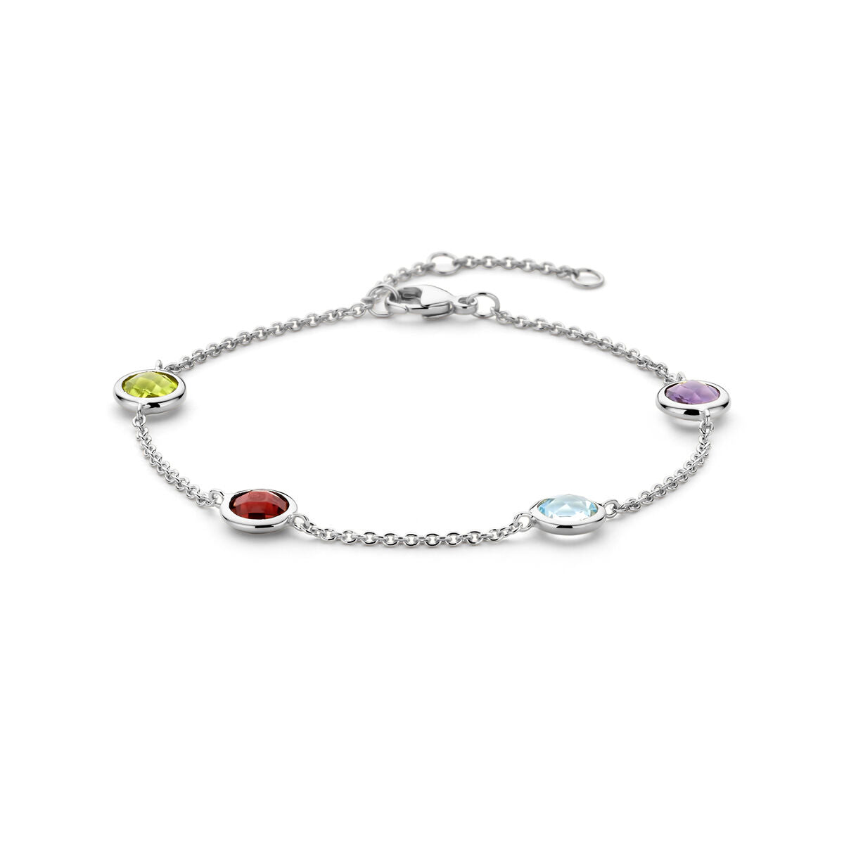 Bracciale argentato con pietre colorate, finitura rodiata, design delicato.